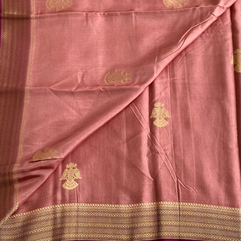 Dusty Rose Soft Tussar Silk Saree With Wine Maroon Pallu