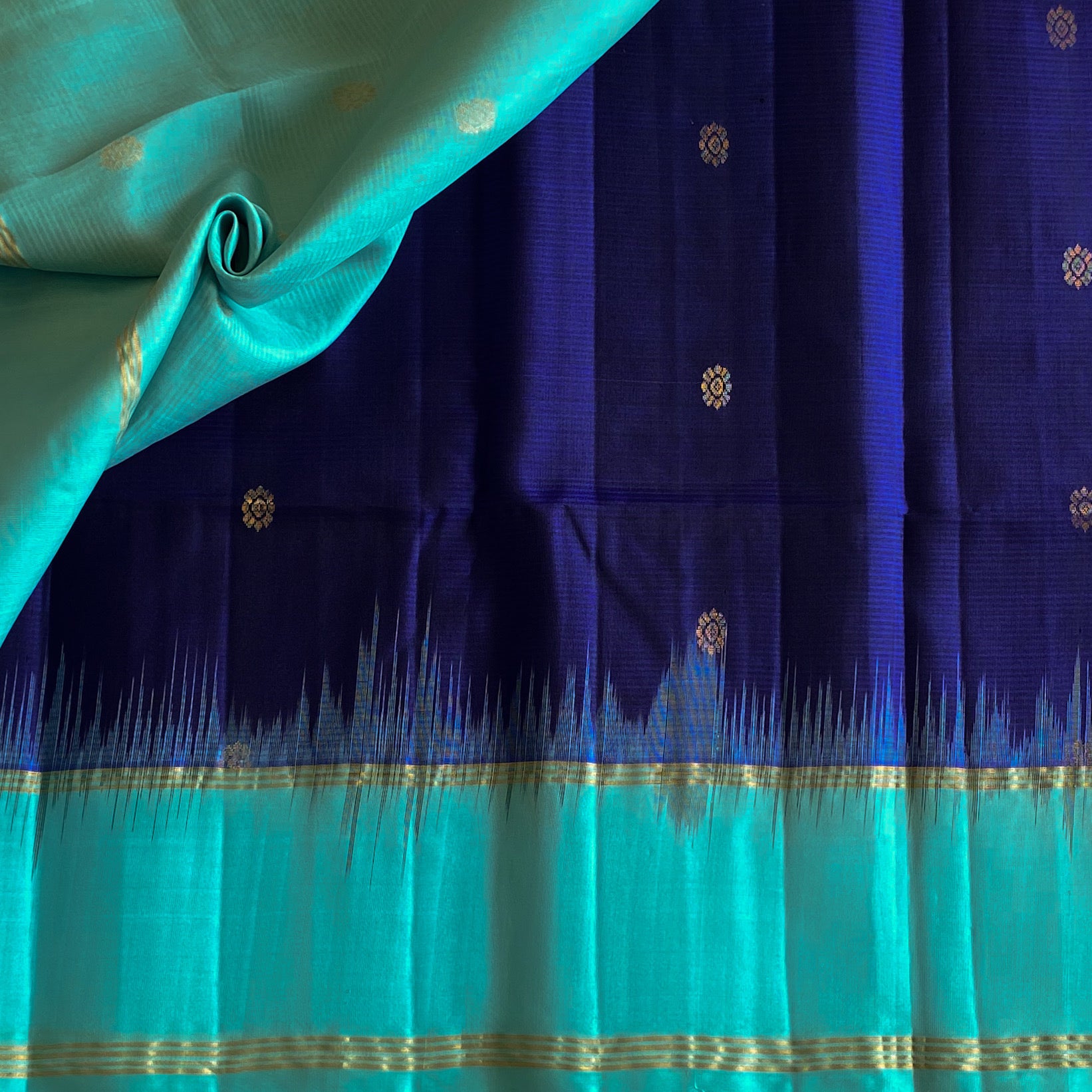 Royal Blue Aqua Silk Saree Gold Woven Zari Floral Pallu