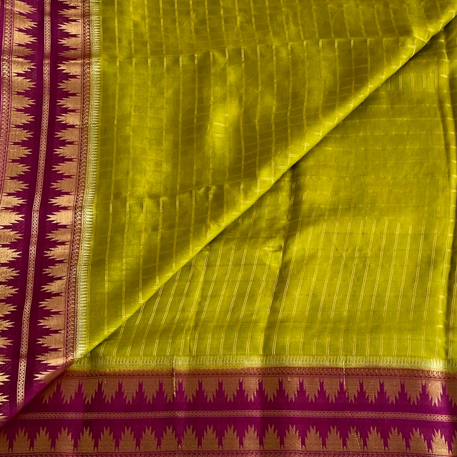 Lime Green Soft Tussar Silk Saree With Magenta Pallu And Gold Border