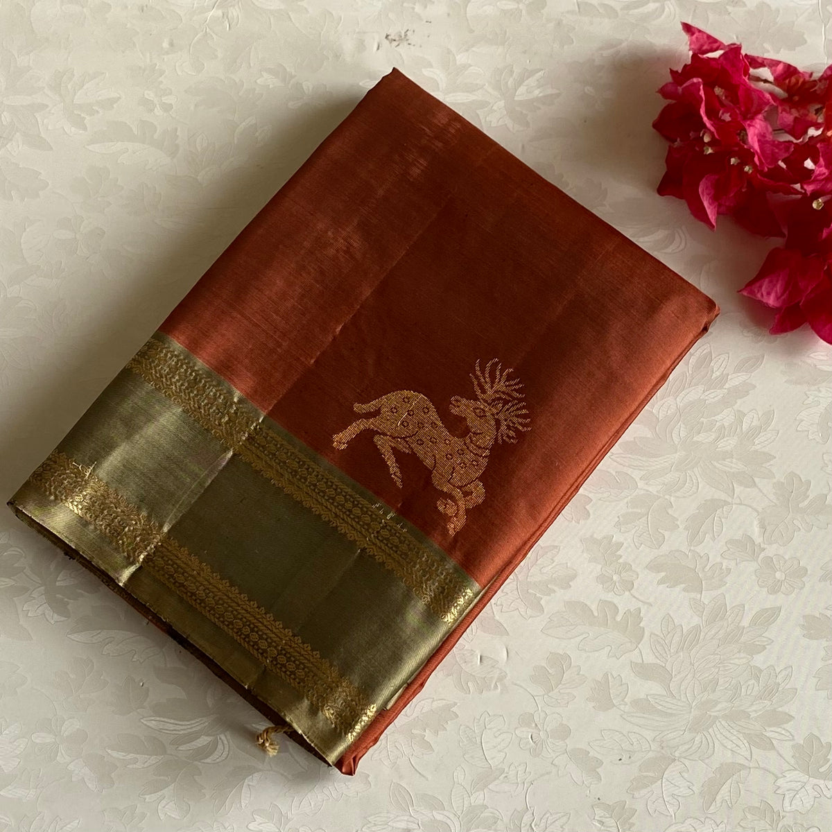 Rarest Rust With Vintage Metallic Sage Green With Deer Motifs Pure Silk