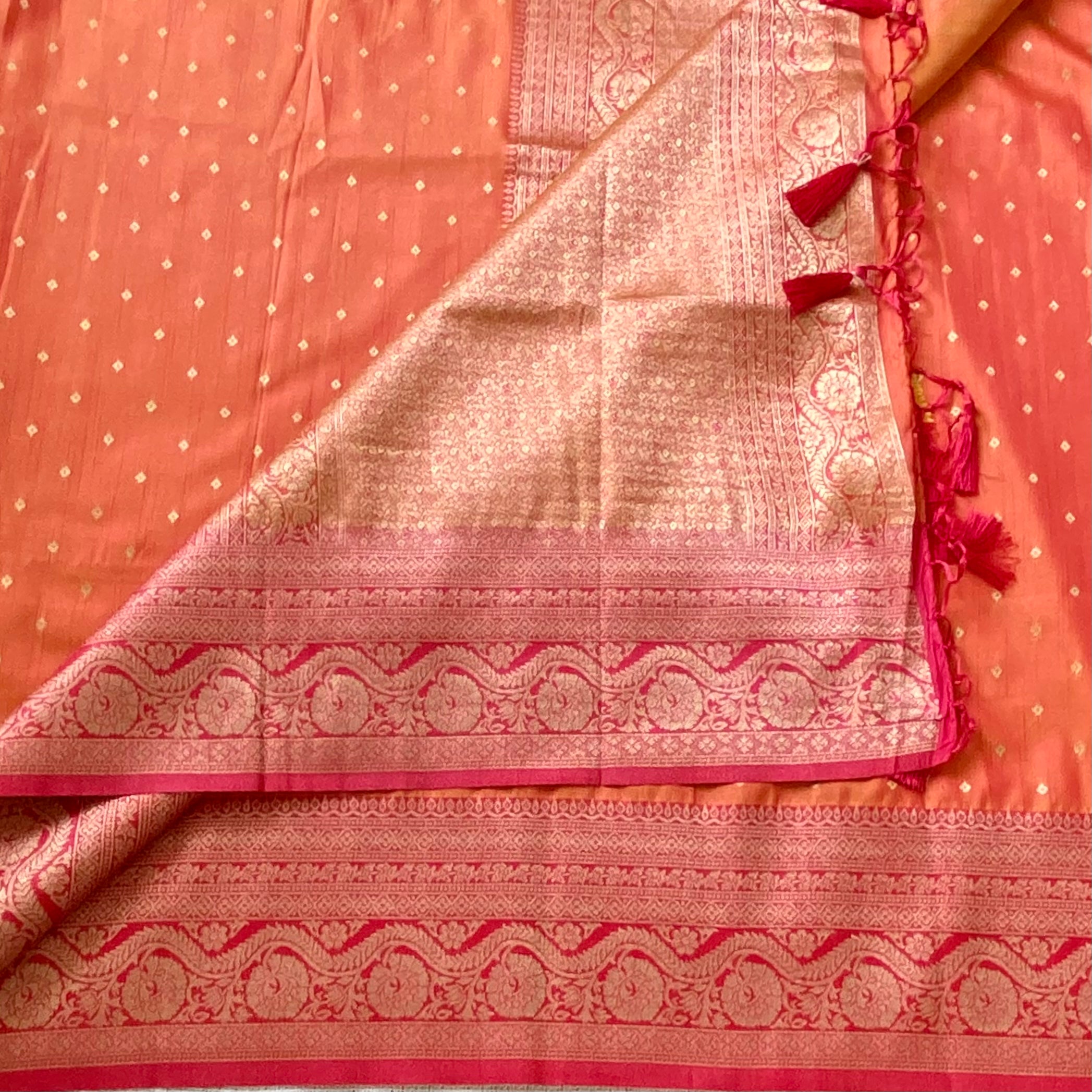 Tangerine Banarasi Silk Saree Gold Buti Magenta Border Pallu Weave