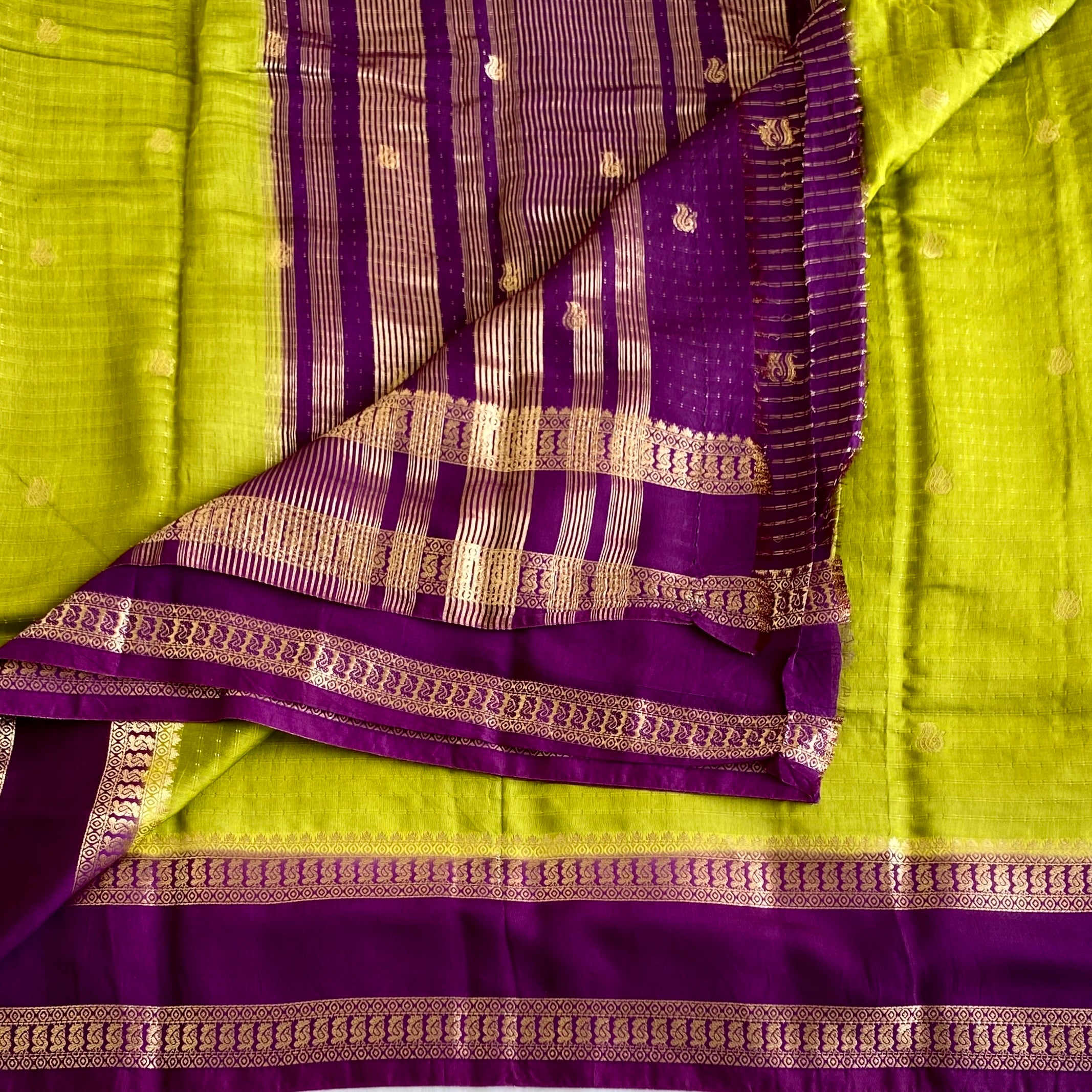 Chartreuse Green Soft Tussar Silk Saree With Royal Purple Pallu Gold Border