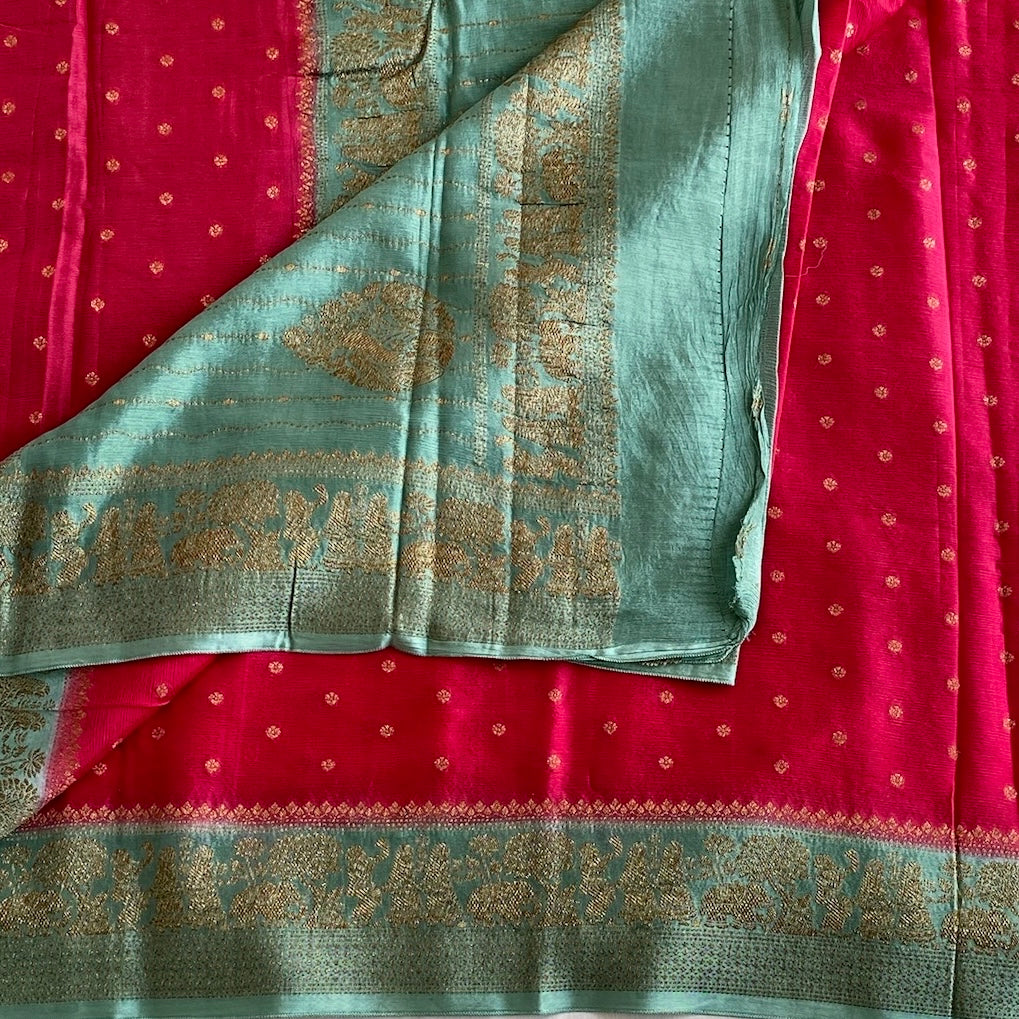 Rani Pink Soft Tussar Silk Saree With Aqua Green Pallu
