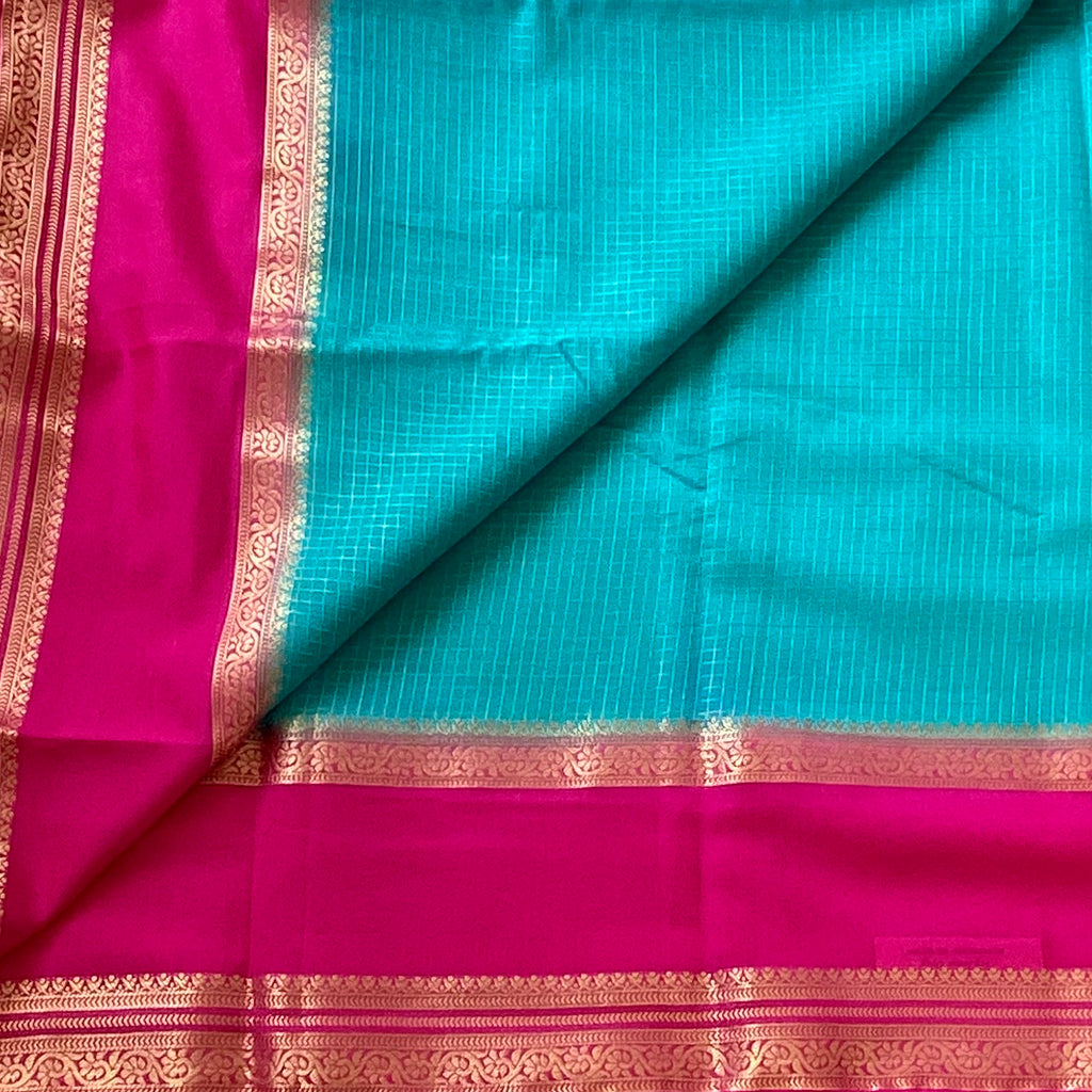 Traditional Teal Fuchsia Silk Saree With Gold Zari Paisley Pallu