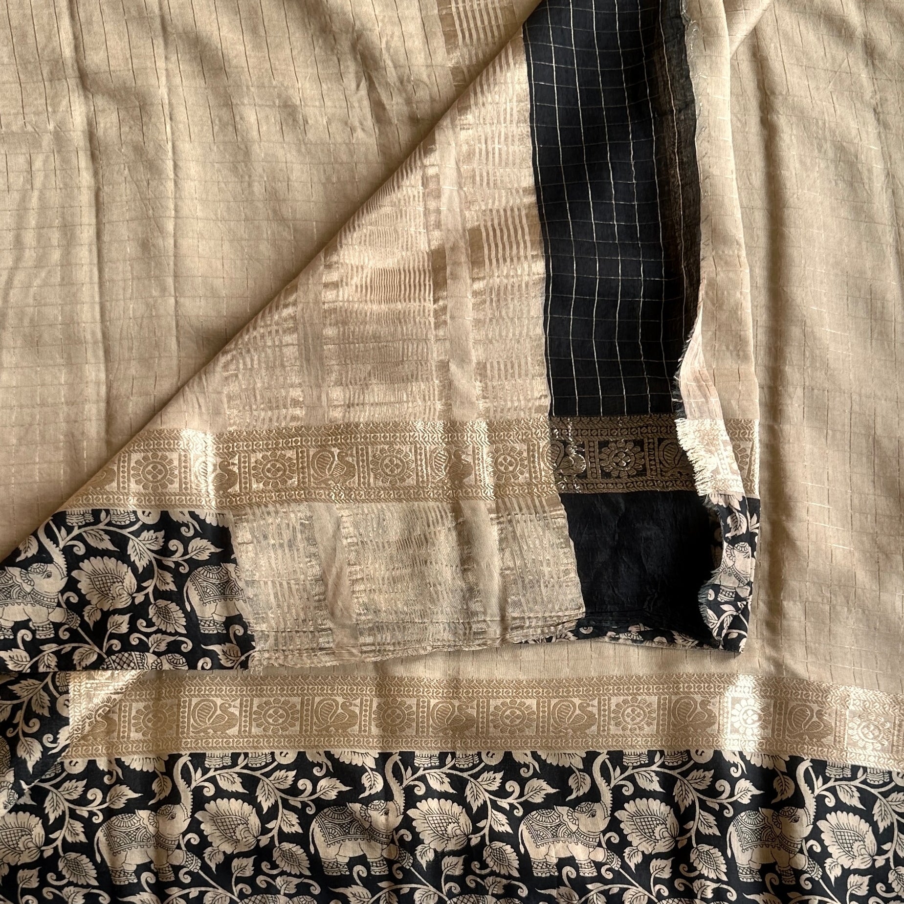 Champagne Beige Softest tussar with kalamkari borders