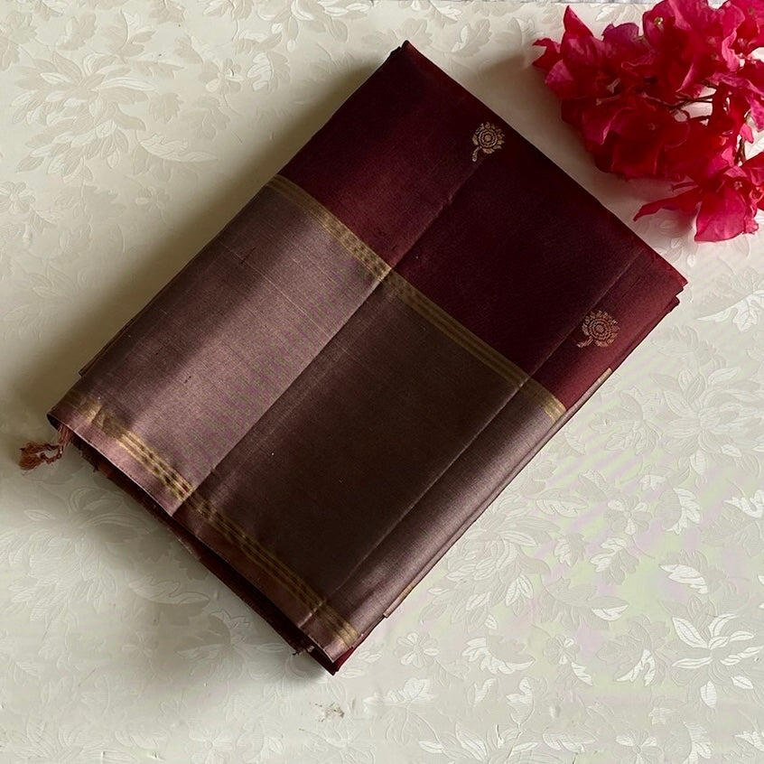 Burgundy Maroon Designer Pure Silk Saree With Metallic Biscuit Brown Pallu