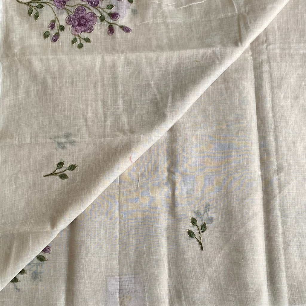 Ecru Beige Soft Tussar Silk Saree With Lavender Purple Embroidery
