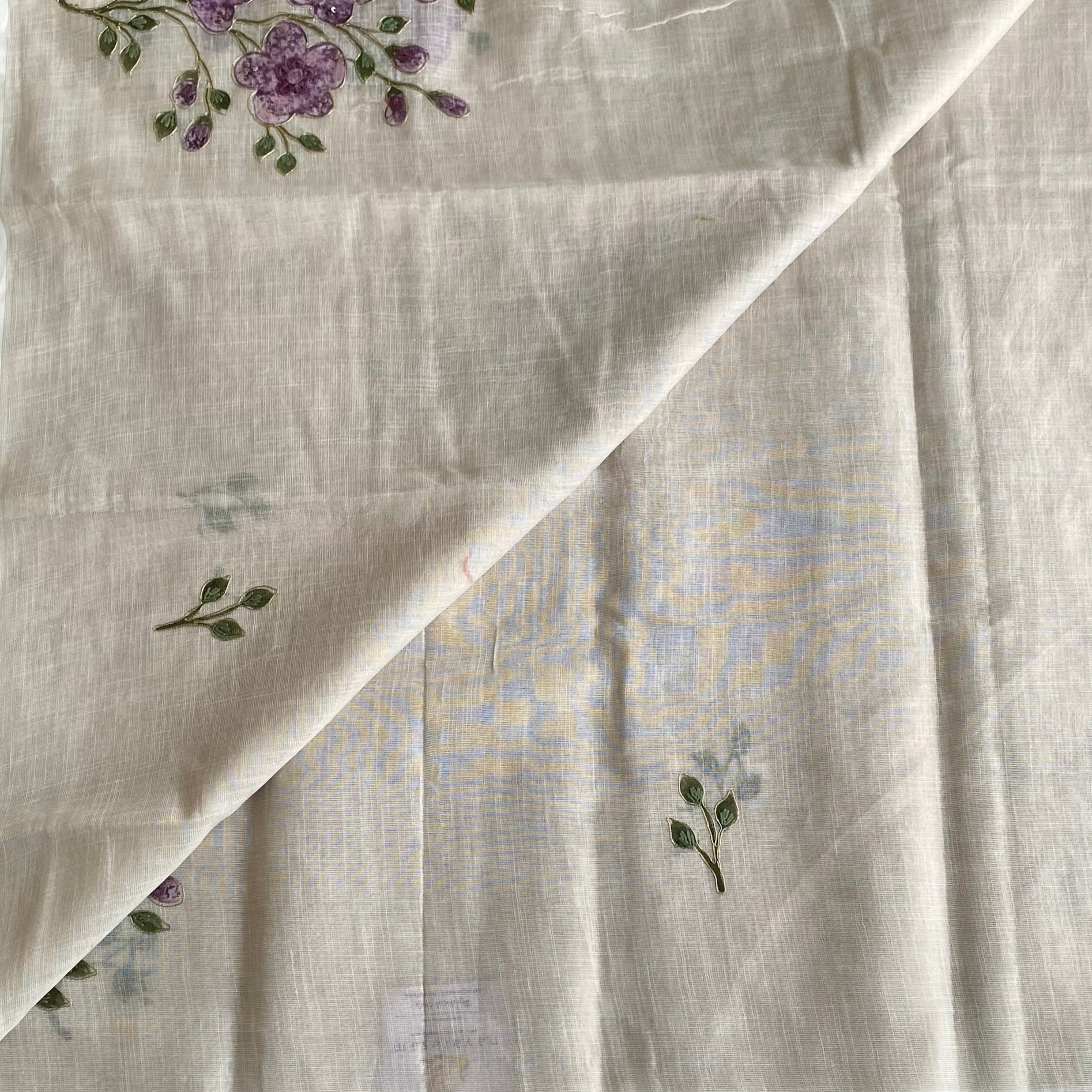 Ecru Beige Soft Tussar Silk Saree With Lavender Purple Embroidery