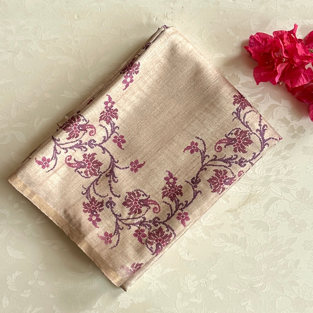 Champagne Gold Magenta Floral Saree Traditional Zari Border Elegant Drape