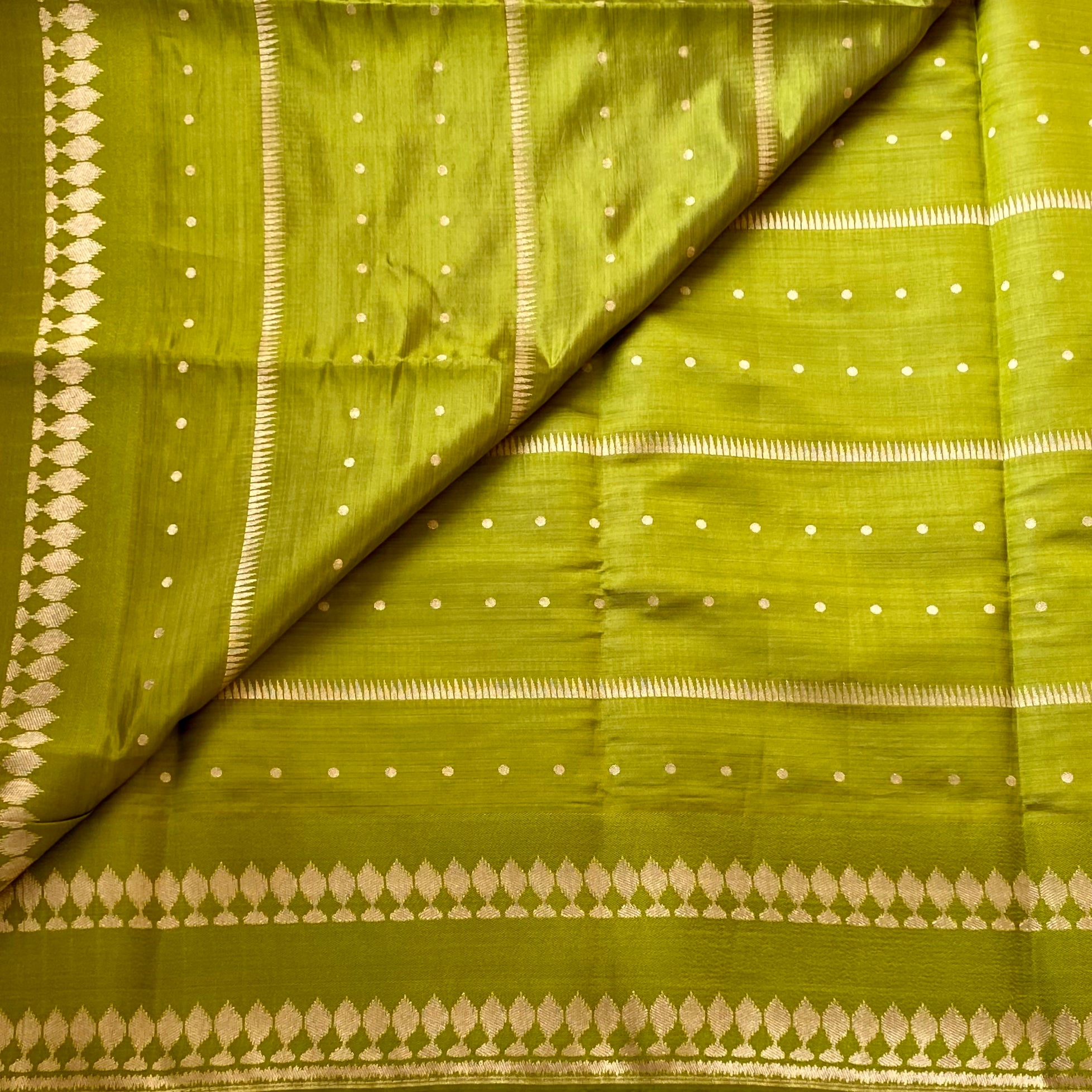 Olive Green Silk Saree Pale Gold Woven Geometric Pallu Tassels