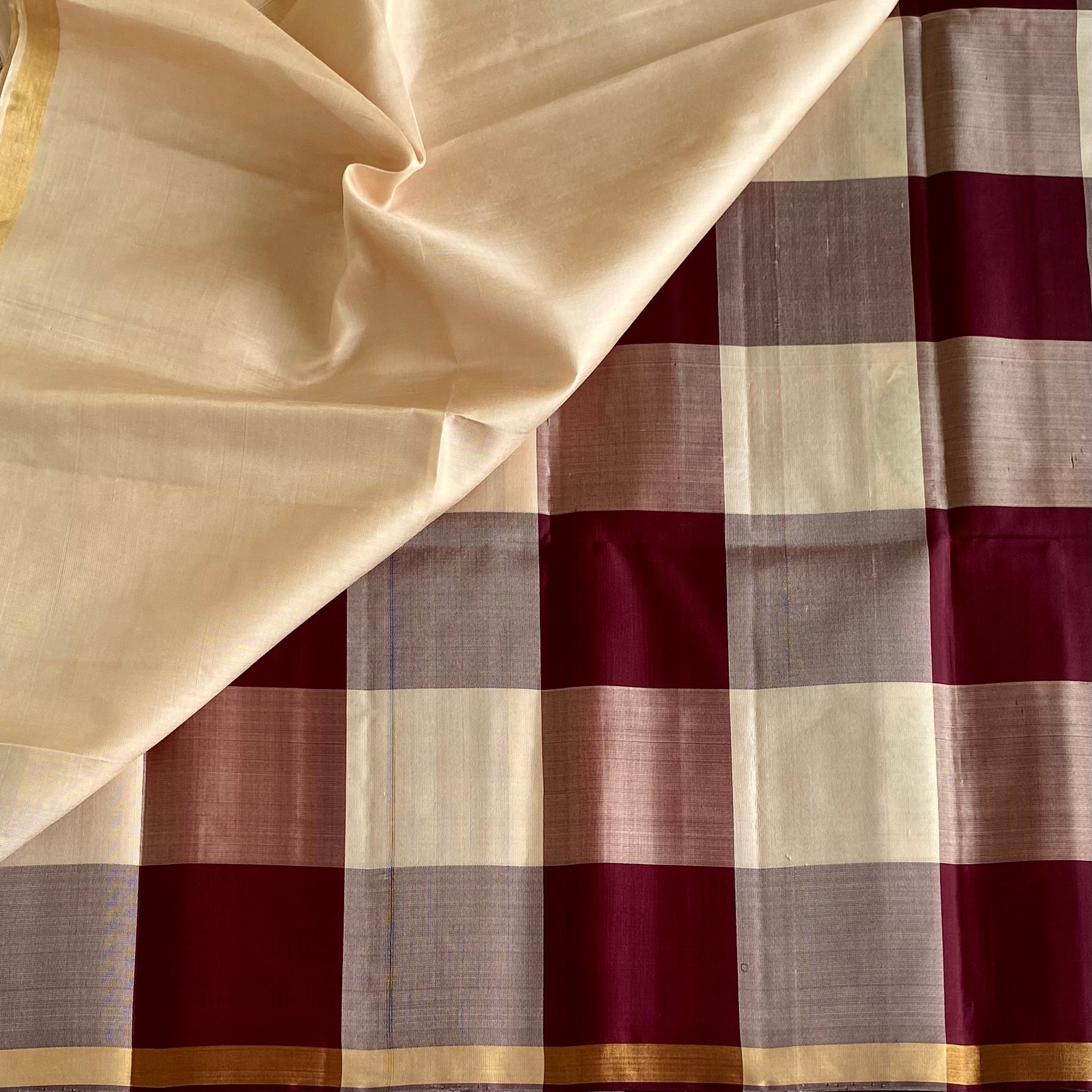 Cream Beige Designer Pure Silk Saree With Deep Maroon Checks