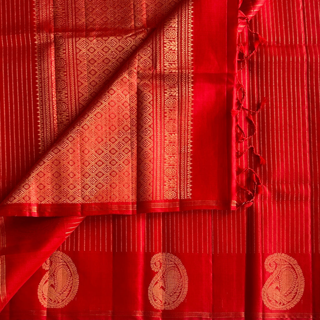 Vermilion Red Saree Gold Zari Paisley Border Diamond Pallu Weave