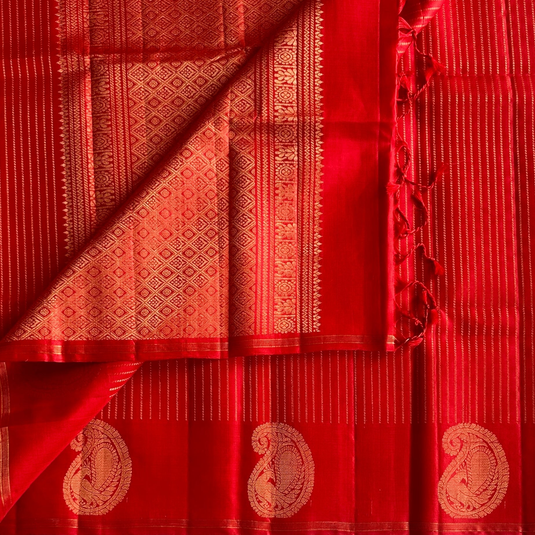 Vermilion Red Saree Gold Zari Paisley Border Diamond Pallu Weave