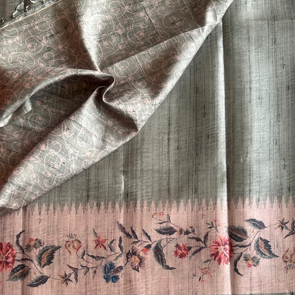Sage Green Dusty Rose Floral Pallu Printed Border Tassel Saree