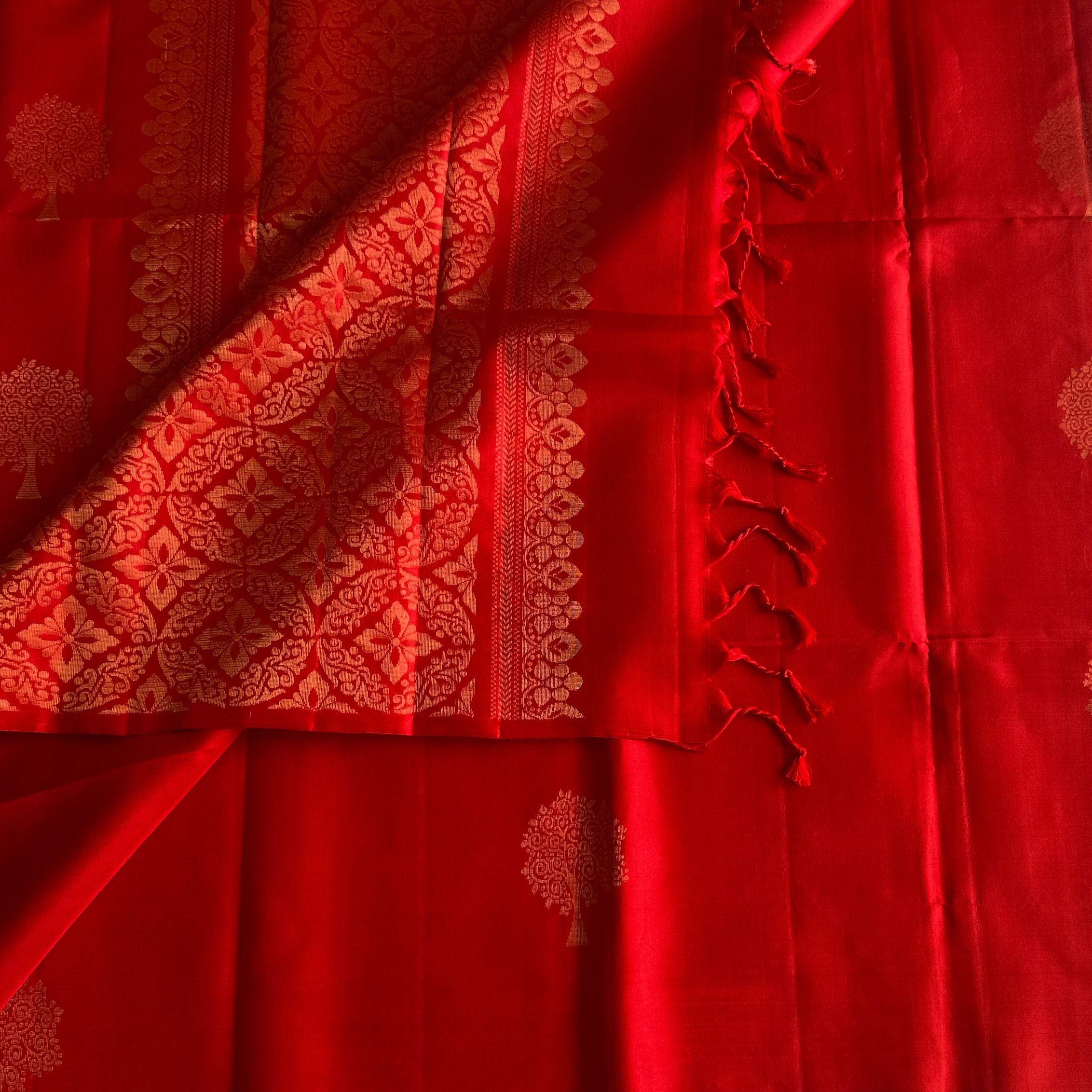 Scarlet Red Silk Saree Gold Brocade Medallion Tree Motifs