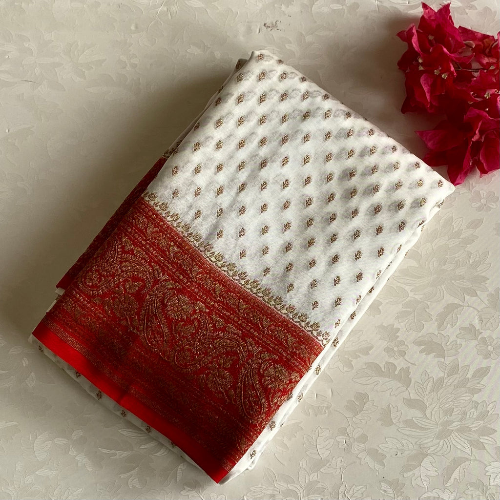 Banarasi Crepe Silk Ivory White & Scarlet Red Saree With Zari Buttas