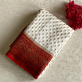 Banarasi Crepe Silk Ivory White & Scarlet Red Saree With Zari Buttas