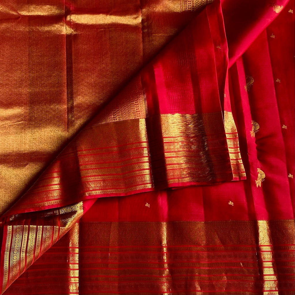 Rich Crimson Red Designer Pure Silk Saree With Antique Gold Border