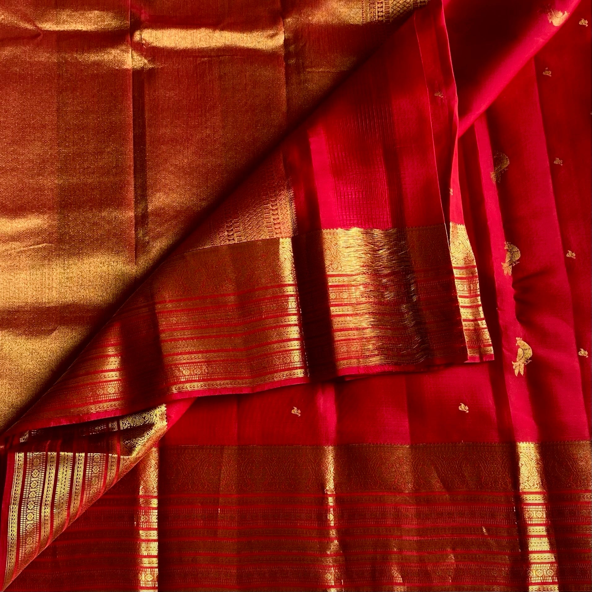 Rich Crimson Red Designer Pure Silk Saree With Antique Gold Border