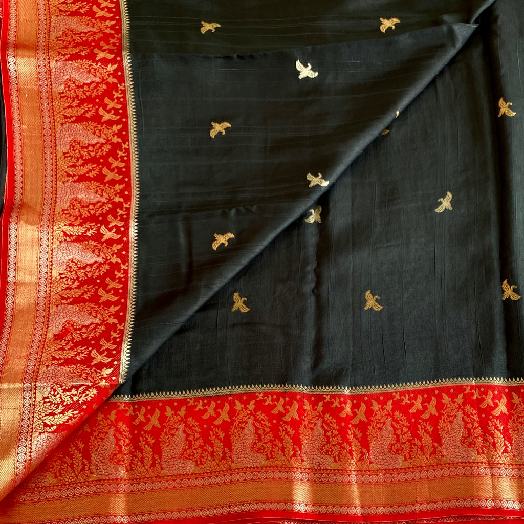 Charcoal Black Soft Tussar Silk Saree With Scarlet Red Pallu