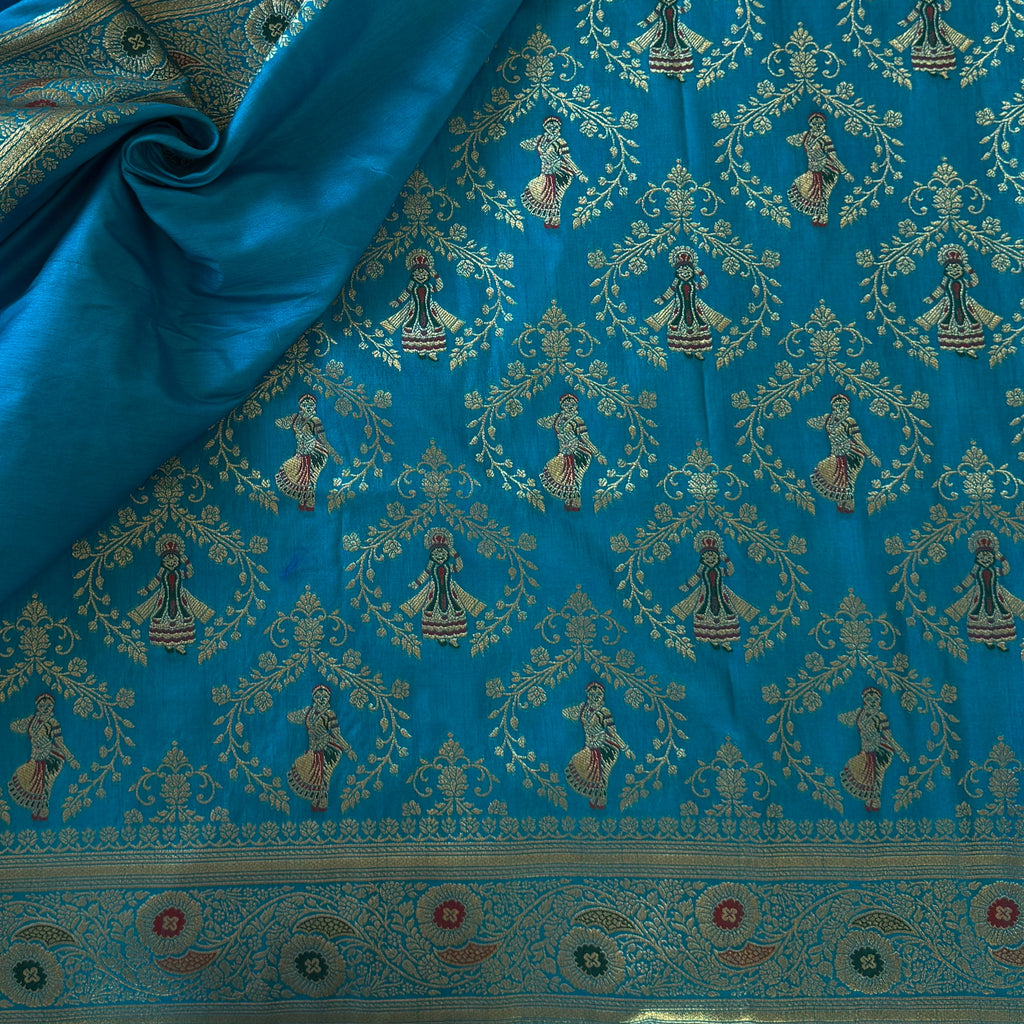 Turquoise Banarasi Silk Saree Gold Zari Floral Figurative Pallu Tassels