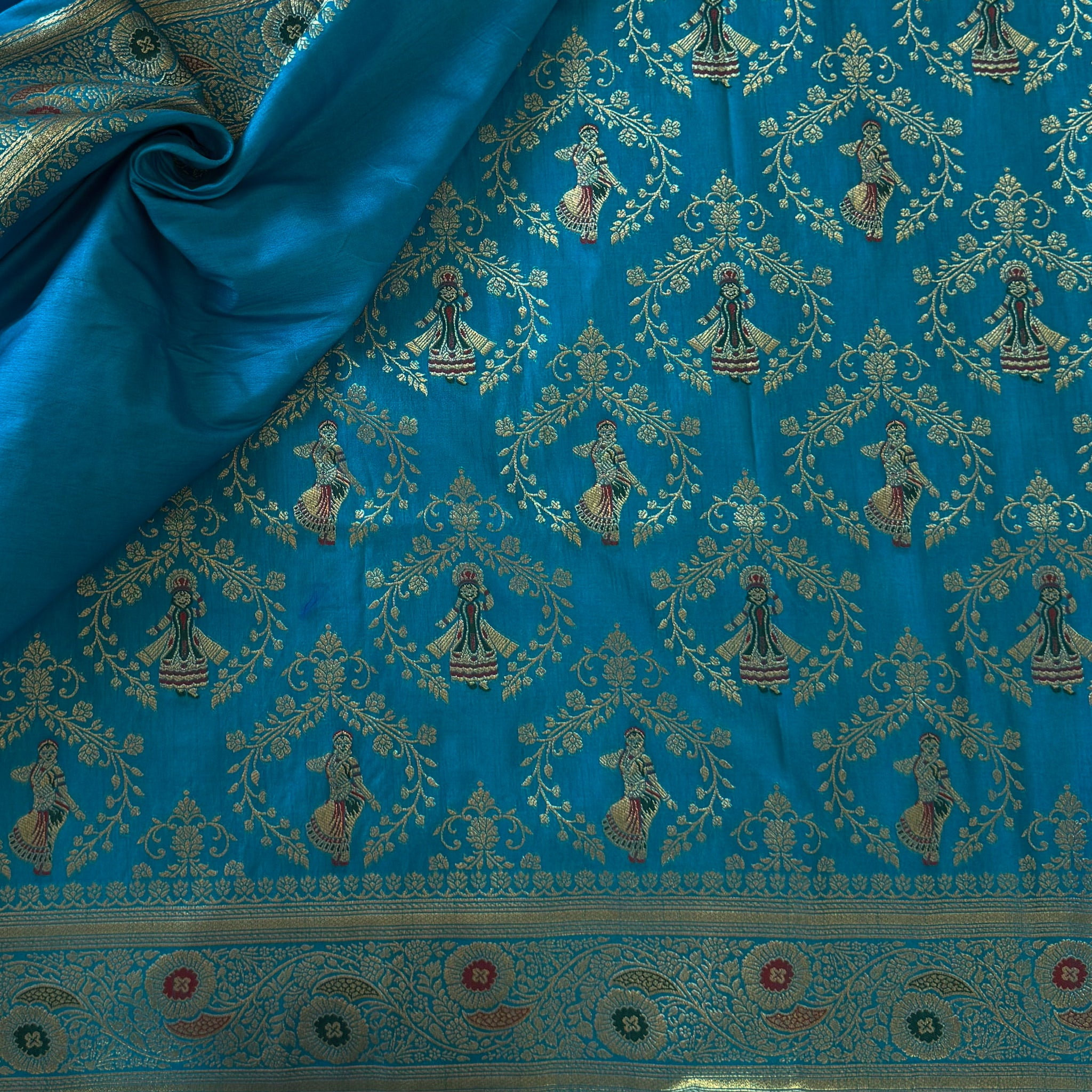 Turquoise Banarasi Silk Saree Gold Zari Floral Figurative Pallu Tassels