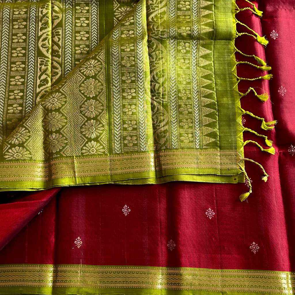 Maroon Lime Green Silk Saree Gold Zari Woven Pallu Buti