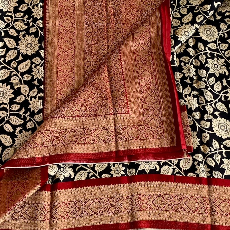 Jet Black premium Soft Tussar Silk Saree With Antique Gold Pallu