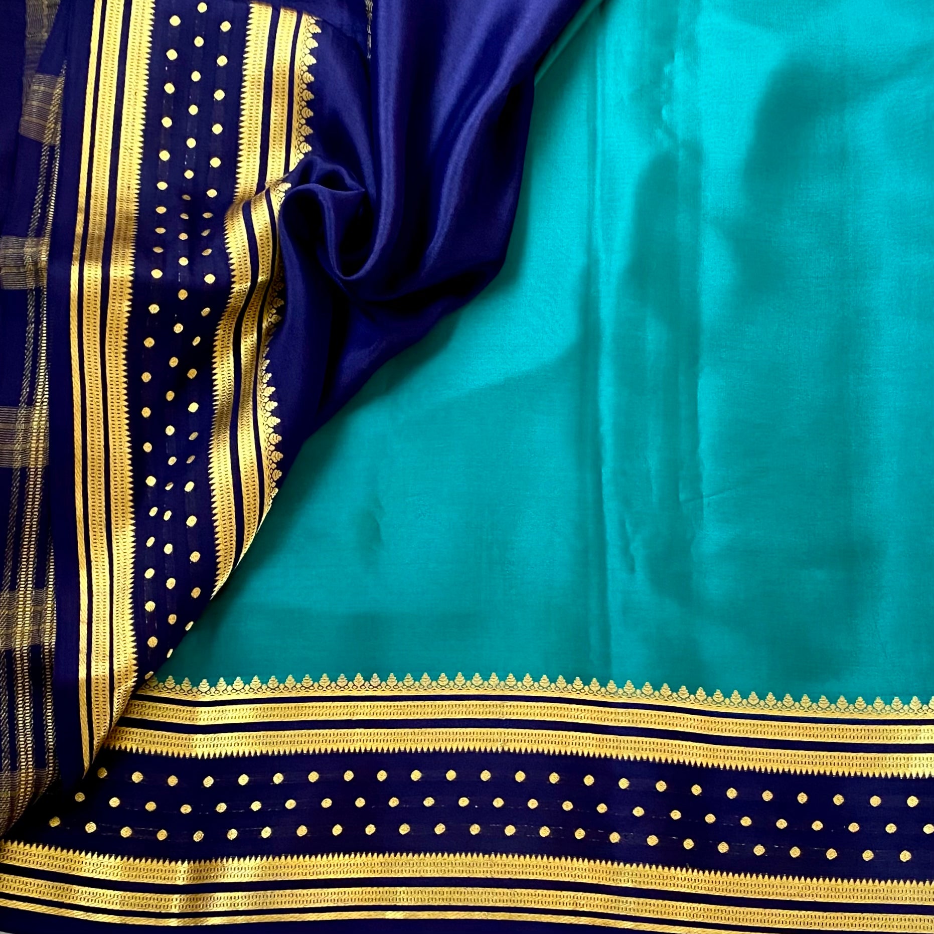 Royal Rare Teal with Midnight Navy butta border pure Mysore silk