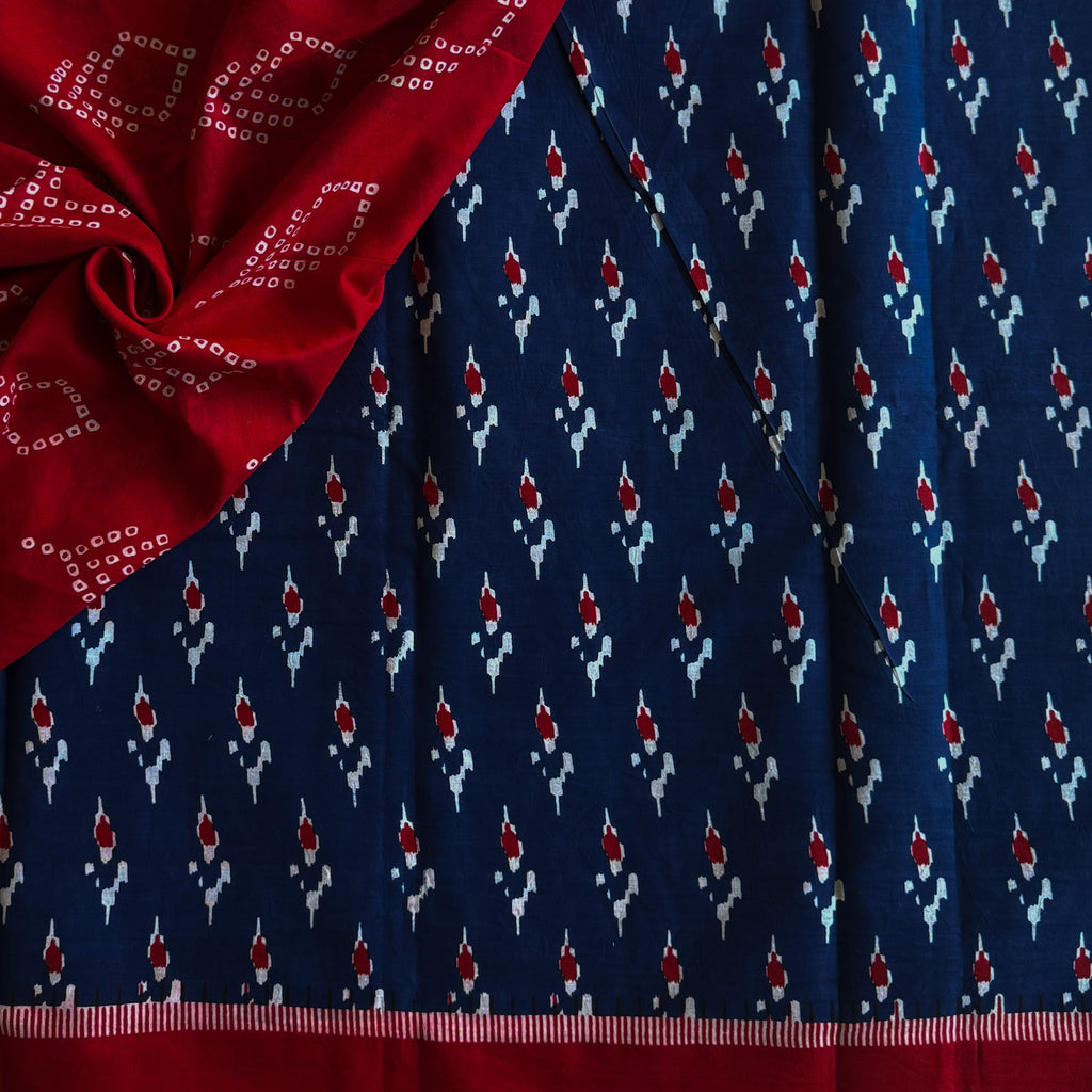 Navy Blue Crimson Cotton Ikat Saree Floral Panel Pallu Traditional