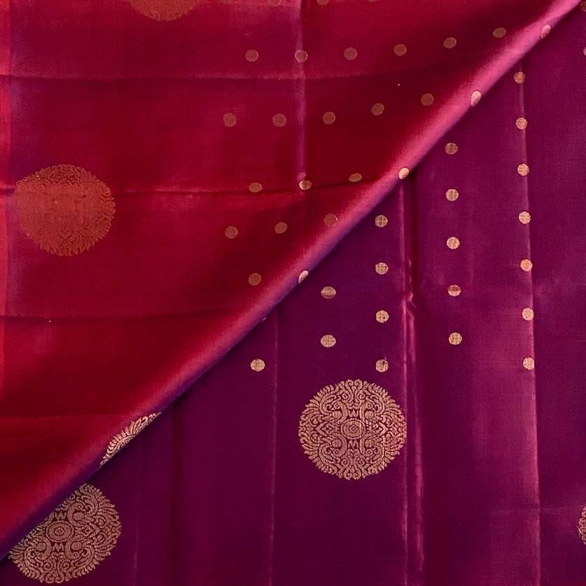 Deep Magenta Designer Pure Silk Saree With Gold Pallu Panels