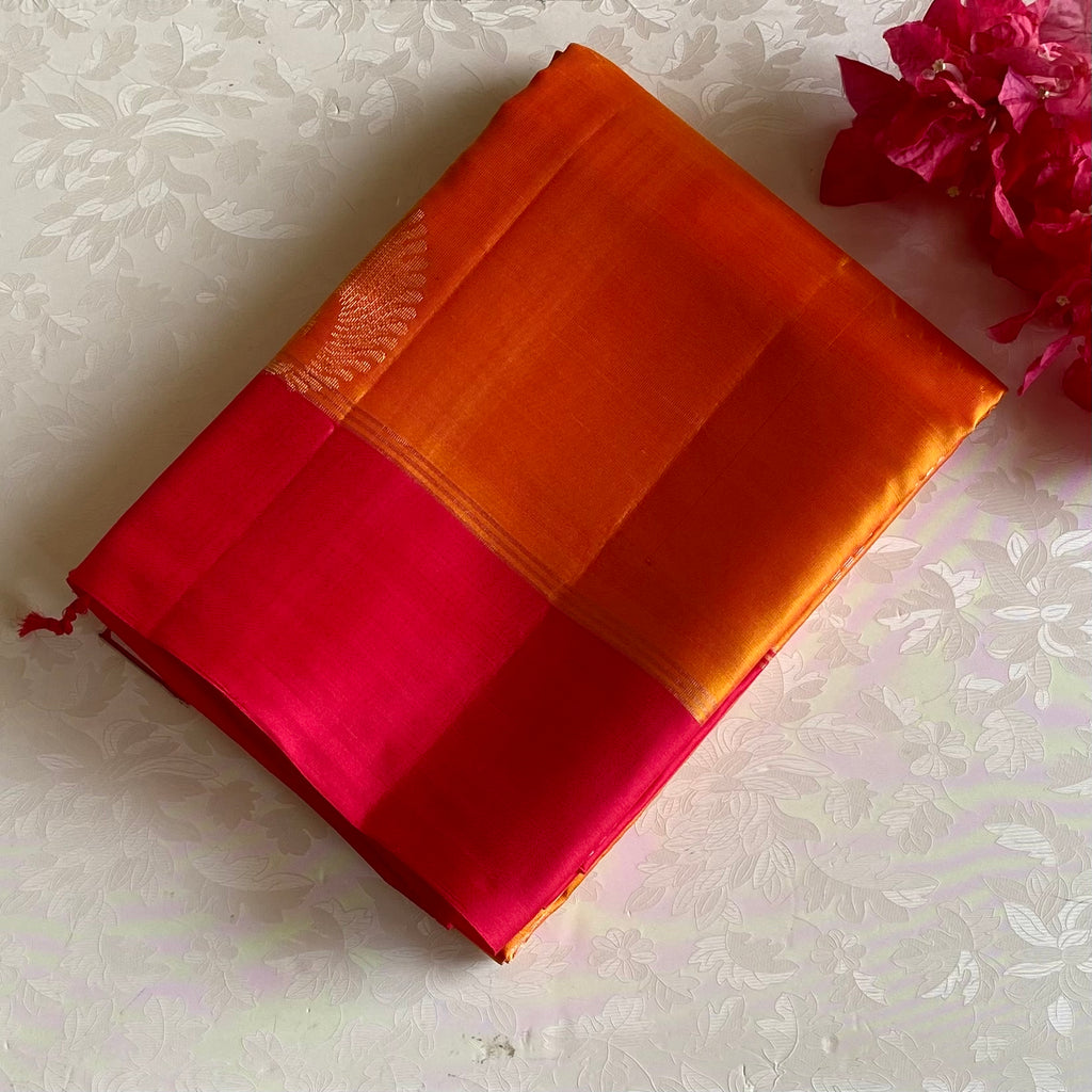 Sunset Orange Designer Pure Silk Saree With Crimson Red Border
