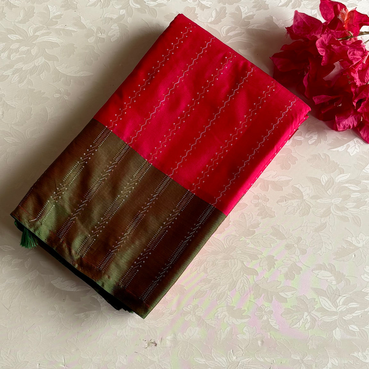 Fuchsia Pink Soft Mixed Silk Saree With Olive Green Pallu