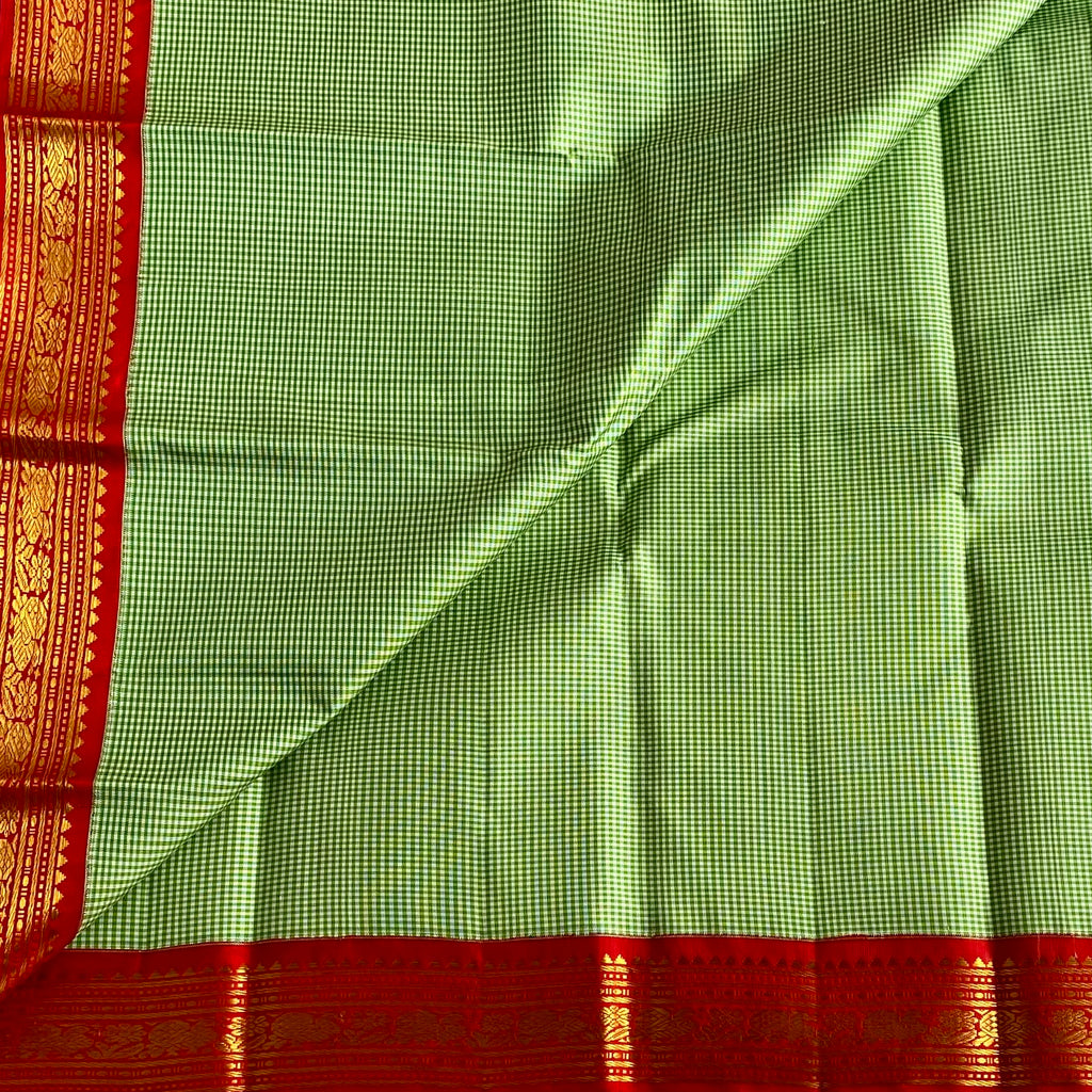 Micro Checkered Mint Green Kanjeevaram Pure Zari Silk Saree With Crimson Red Pallu