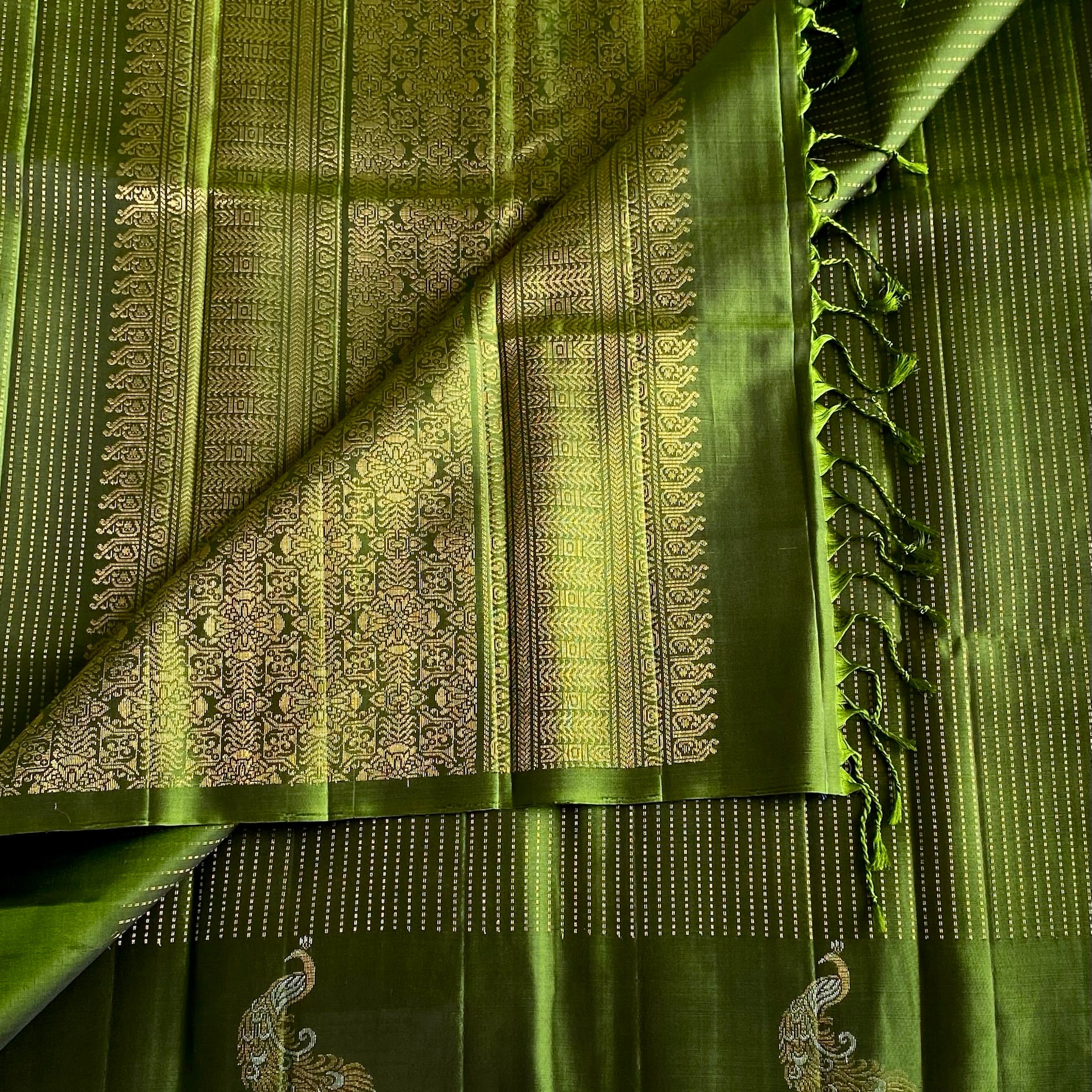 Classy Olive Designer Pure Silk Saree With Zari Stripes All Over