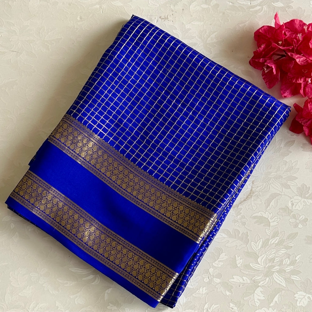 Royal Blue Mysore Crepe Silk Saree With Antique Gold Zari Stripes