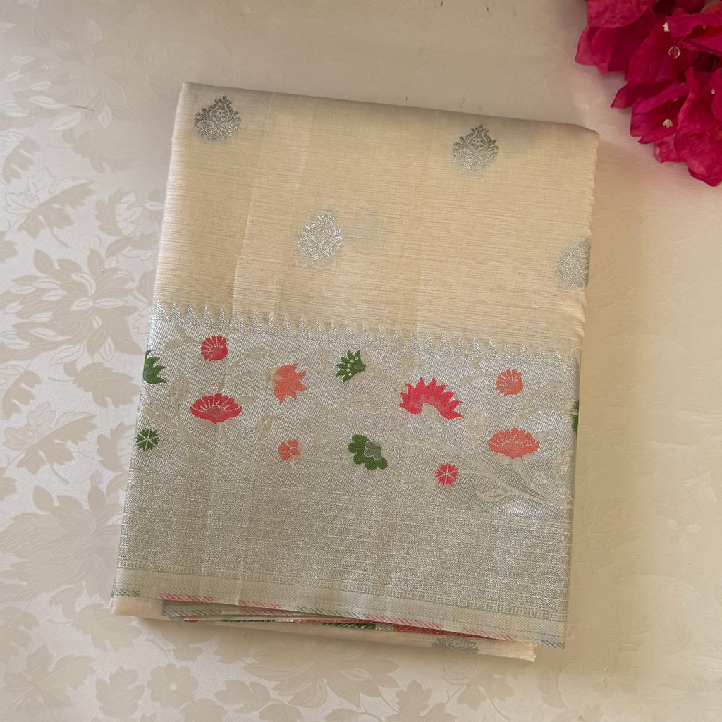 Cream Silver Floral Saree with Tassel Pallu for Festive Occasions