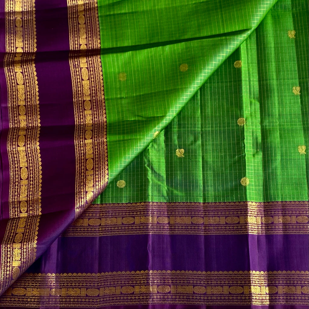 Luxurious Green with Rich Purple Kanjeevaram Pure Zari Silk Microcheckered Weave
