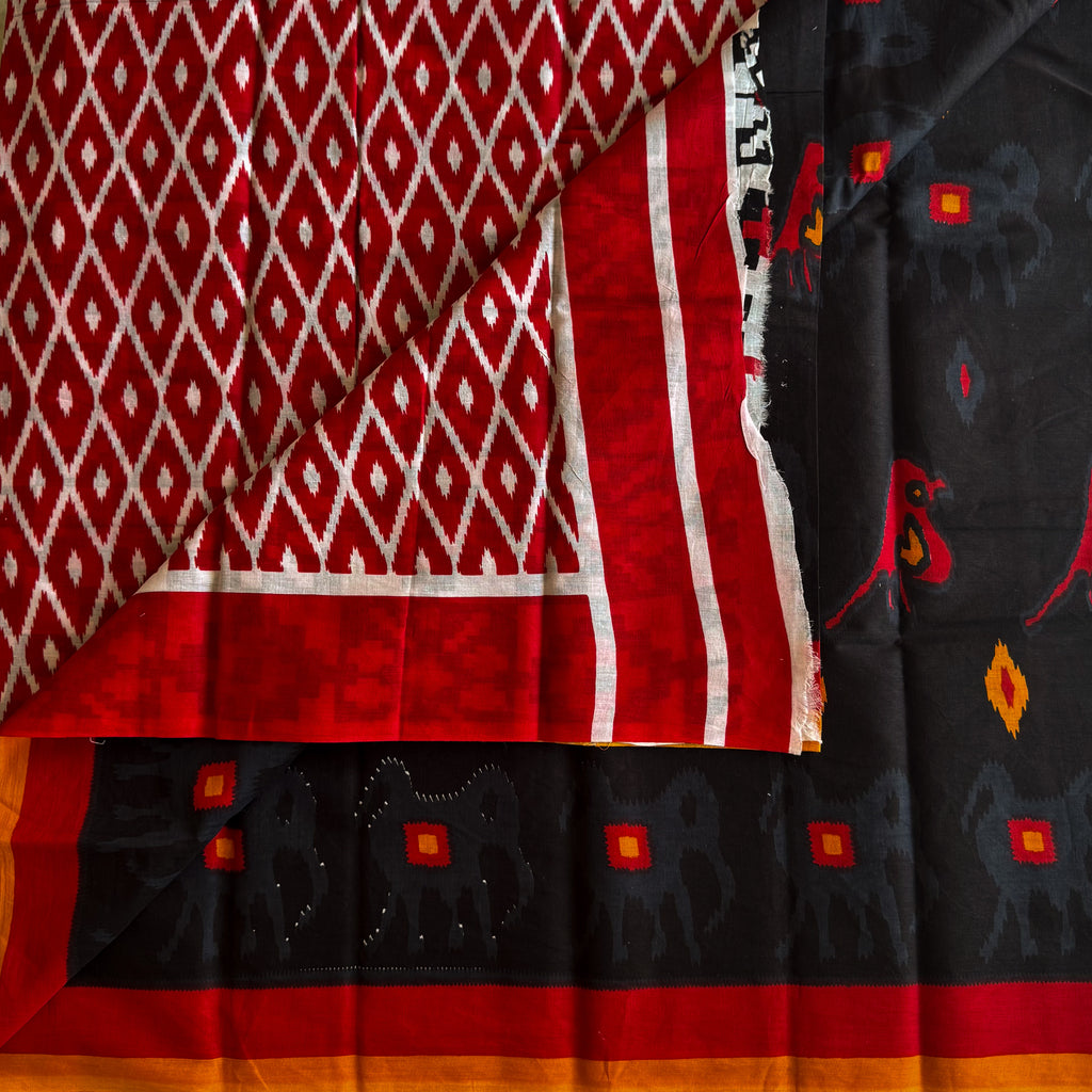 Crimson Black Ikat Saree Elephant Motif Handloom Cotton Silk Border