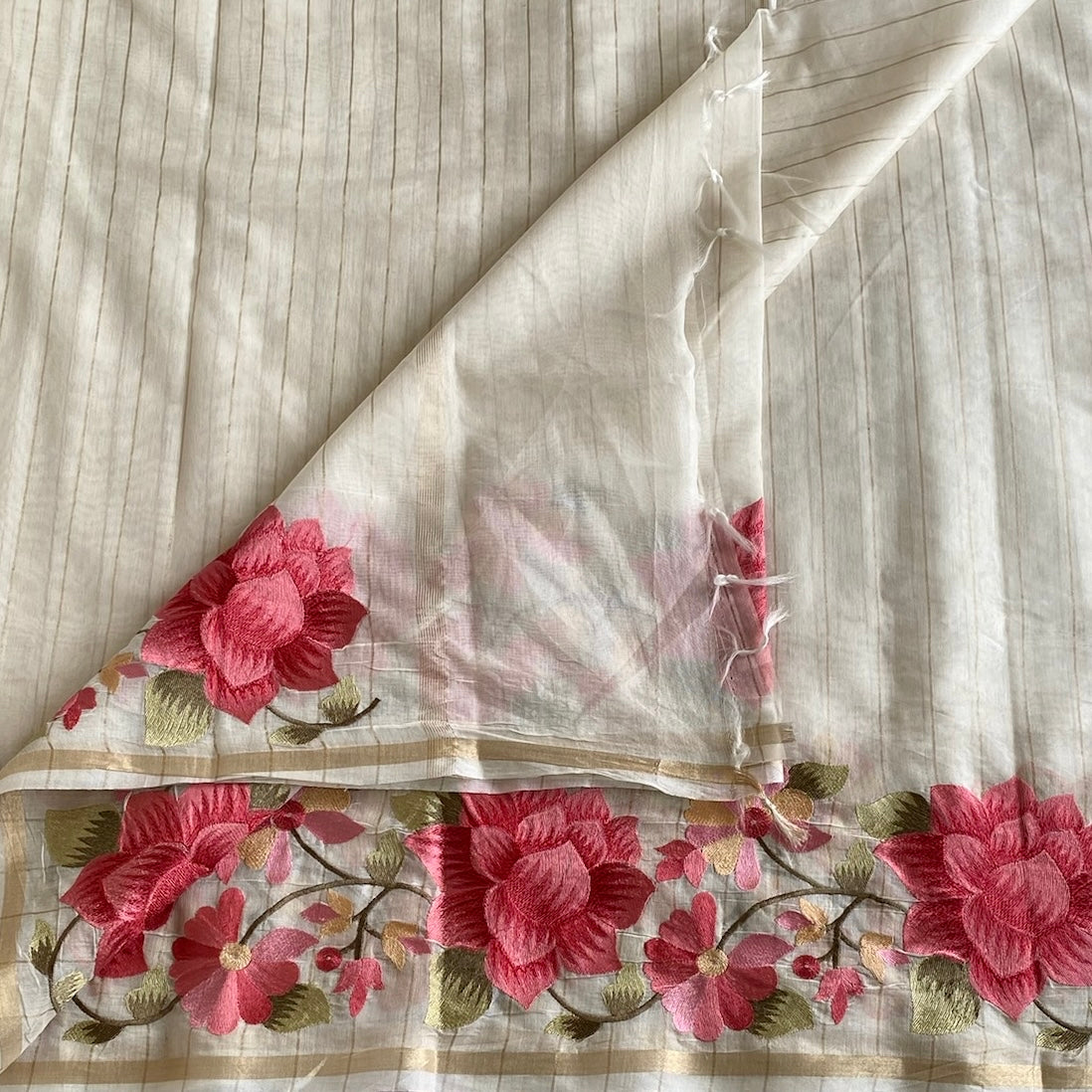 Soft Tussar Silk Pearl White Saree With Rose Pink Floral Border
