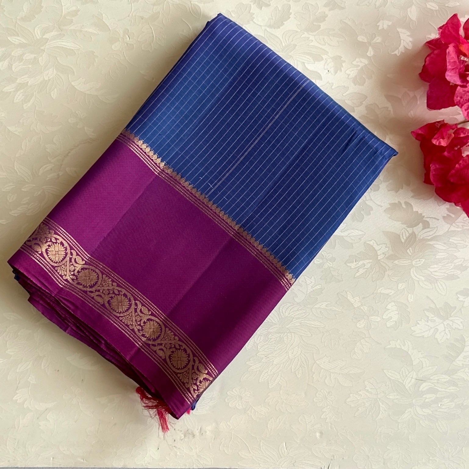 Magenta Gold Brocade Silk Saree with Blue Contrast Pallu Traditional