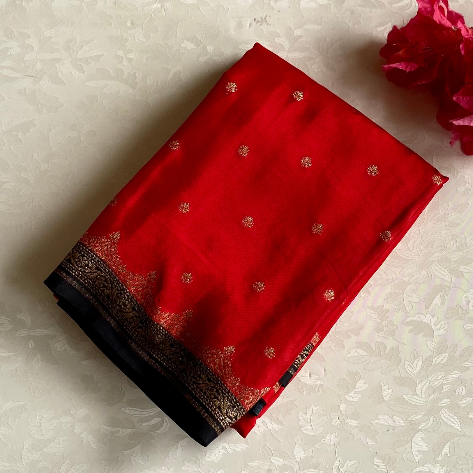 Banarasi Crepe Silk Scarlet Red With Jet Black Pallu