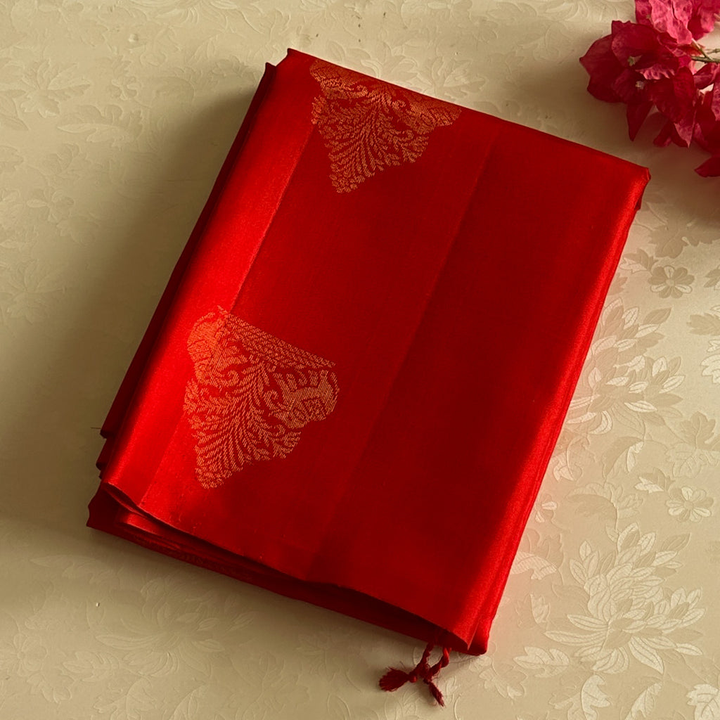 Scarlet Red Saree with Gold Woven Motifs and Tassels