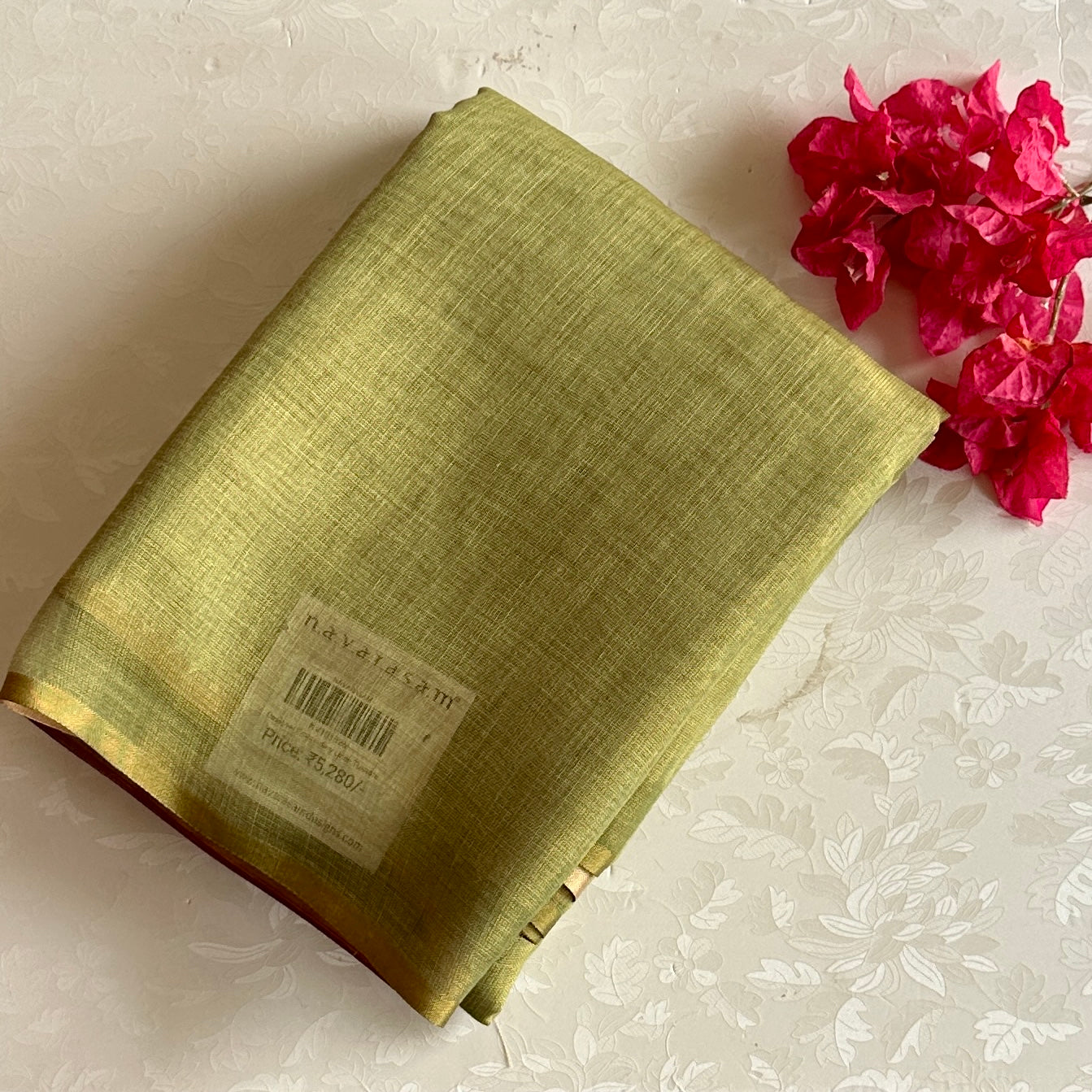 Sandy Beige Linen Saree Rose Pink Floral Embroidery Gold Zari