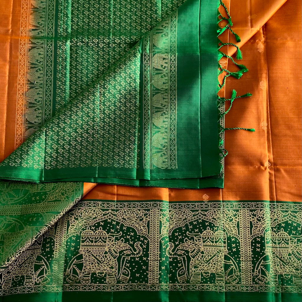 Burnt Orange Designer Pure Silk Saree With Emerald Green Pallu