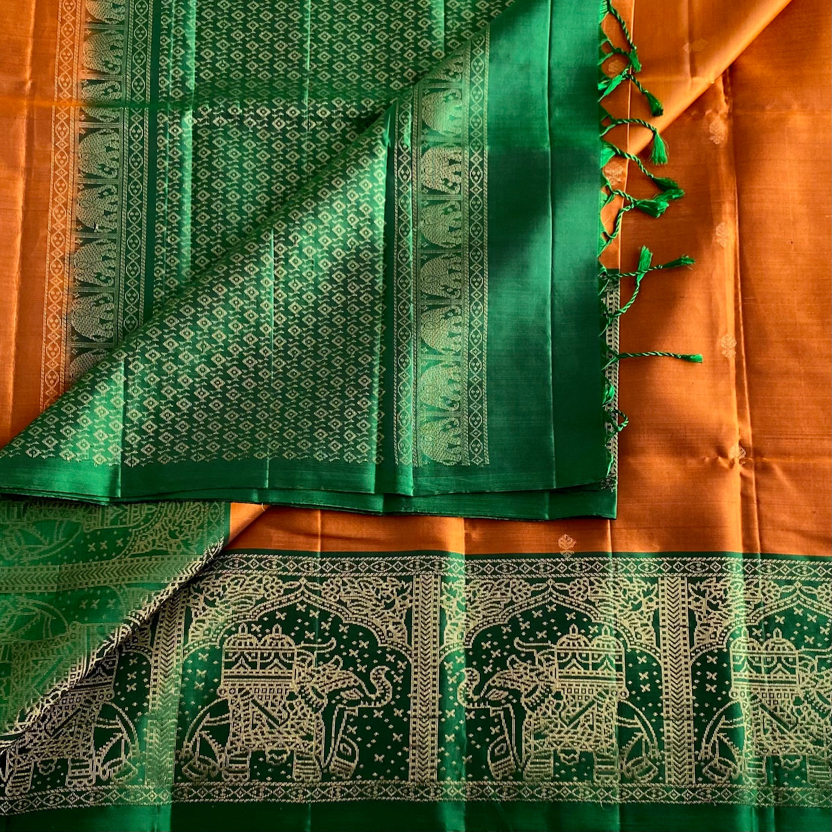 Burnt Orange Designer Pure Silk Saree With Emerald Green Pallu