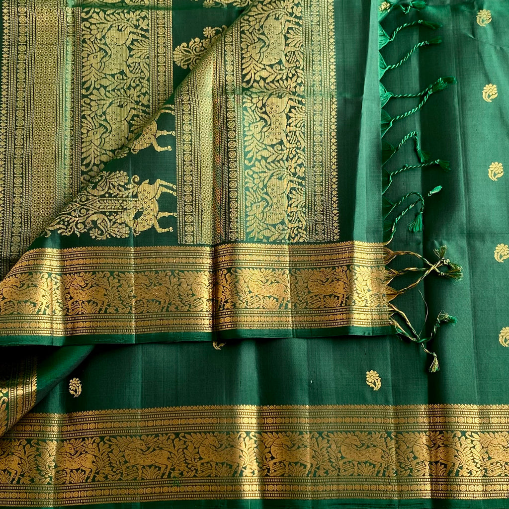 Emerald Green Designer Pure Silk Saree With Antique Gold Pallu