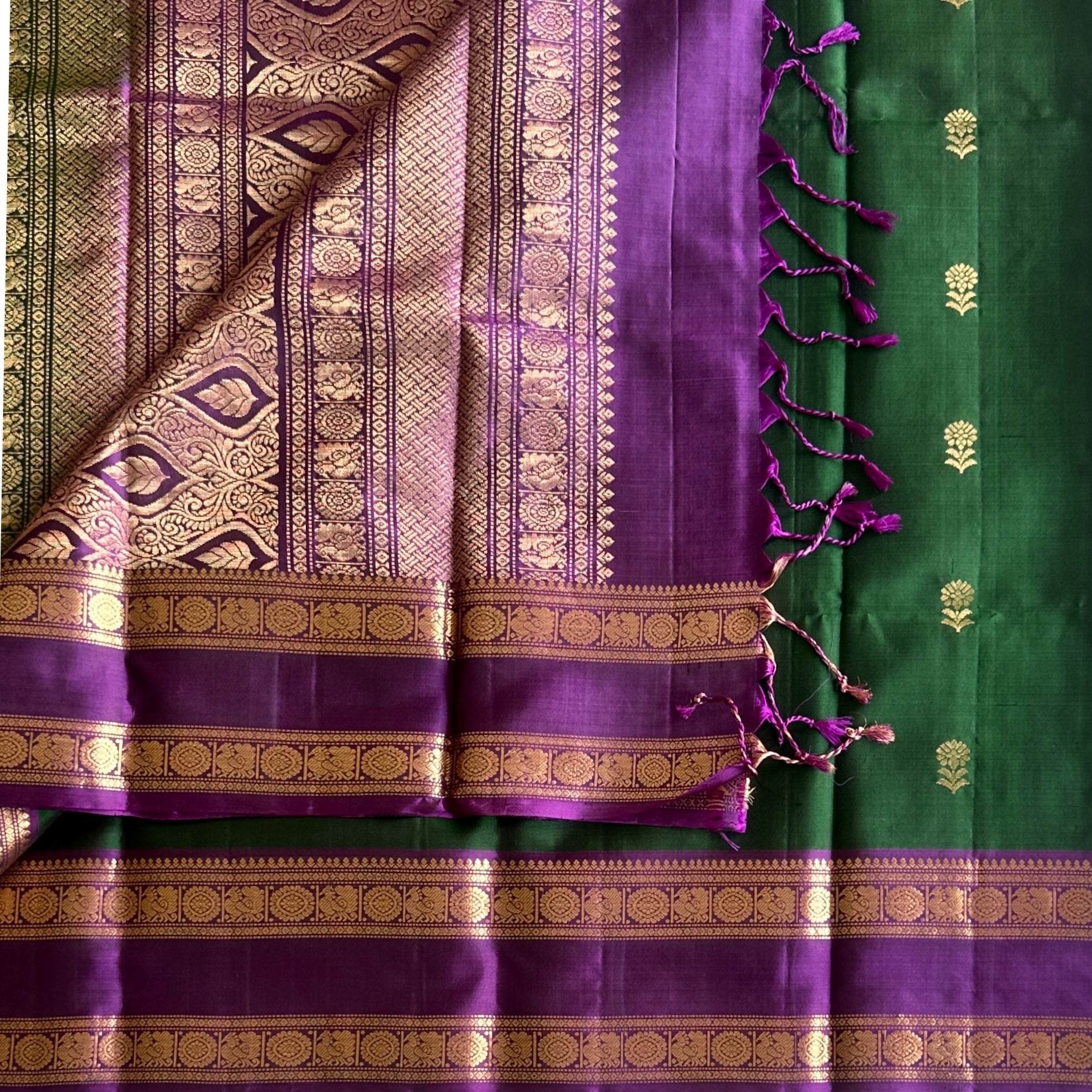 Royal Purple Emerald Green Silk Saree Gold Brocade Border