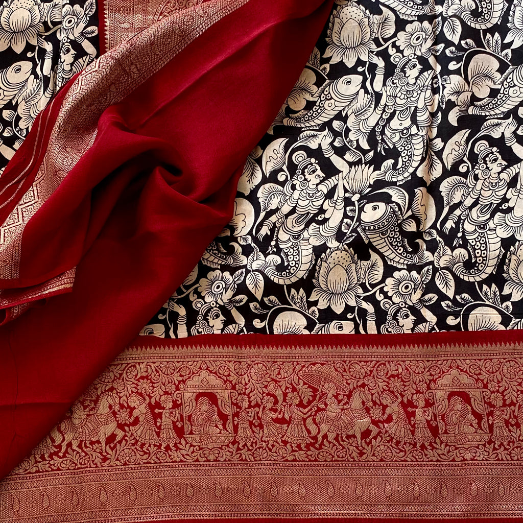 Jet Black Kalamkari Premium Tussar Silk With Deep Maroon Pallu