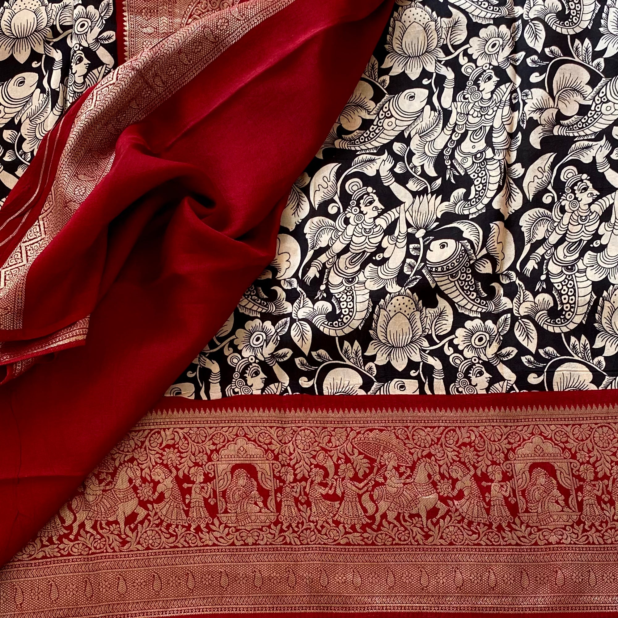 Jet Black Kalamkari Premium Tussar Silk With Deep Maroon Pallu